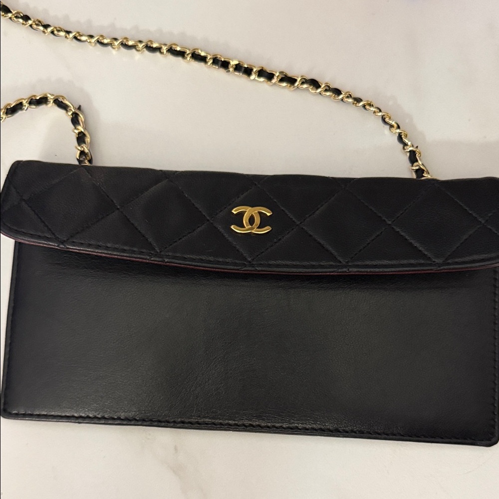CHANEL Black Quilted Leather Clutch with Gold Chain AUTHENTIC! COA included.